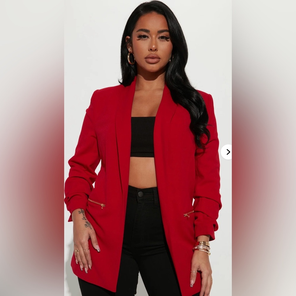 Fashion Nova Bold Red Open-Front Blazer with Gold Zipper Accents